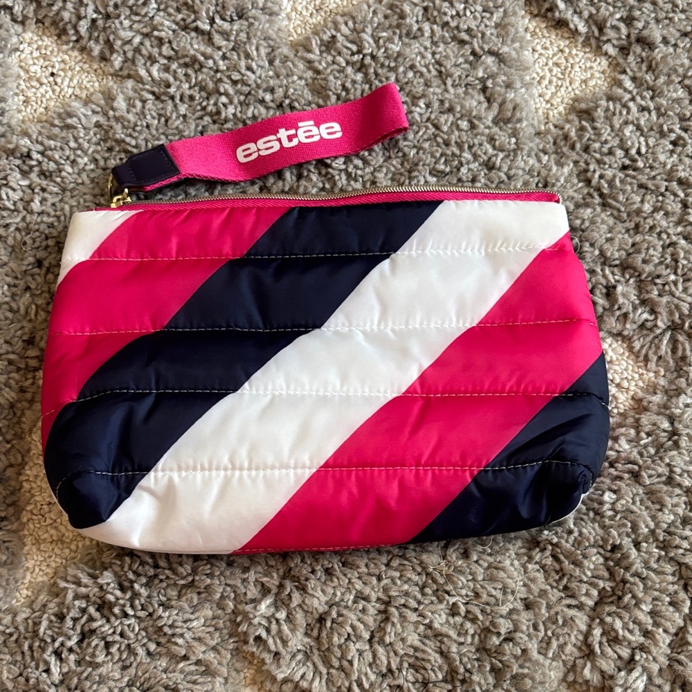 Estee Lauder Pink, Navy & White Diagonal Stripe Cosmetic Pouch